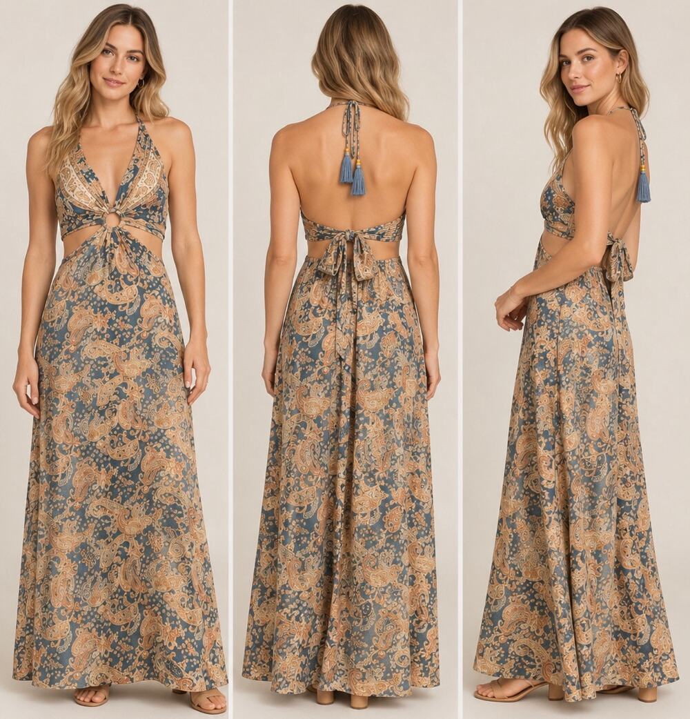 Silk Italy Women’s Small 100% Silk Paisley Halter Cutout Maxi Dress Boho